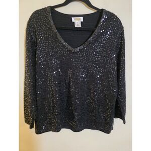 TALBOTS Size Large Black Silk/Cashmere Sequin V Neck 3/4 Sleeve Sweater Holiday